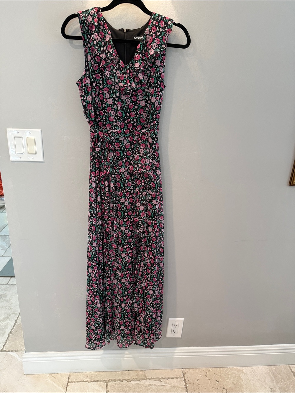 Karl Lagerfeld Sleeveless Black Floral Maxi Dress with Pink Flowers